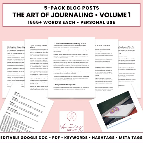 A promotional graphic displays five journaling blog posts, sample text pages, and details on format and features for personal use from The Ahimsa Agency.