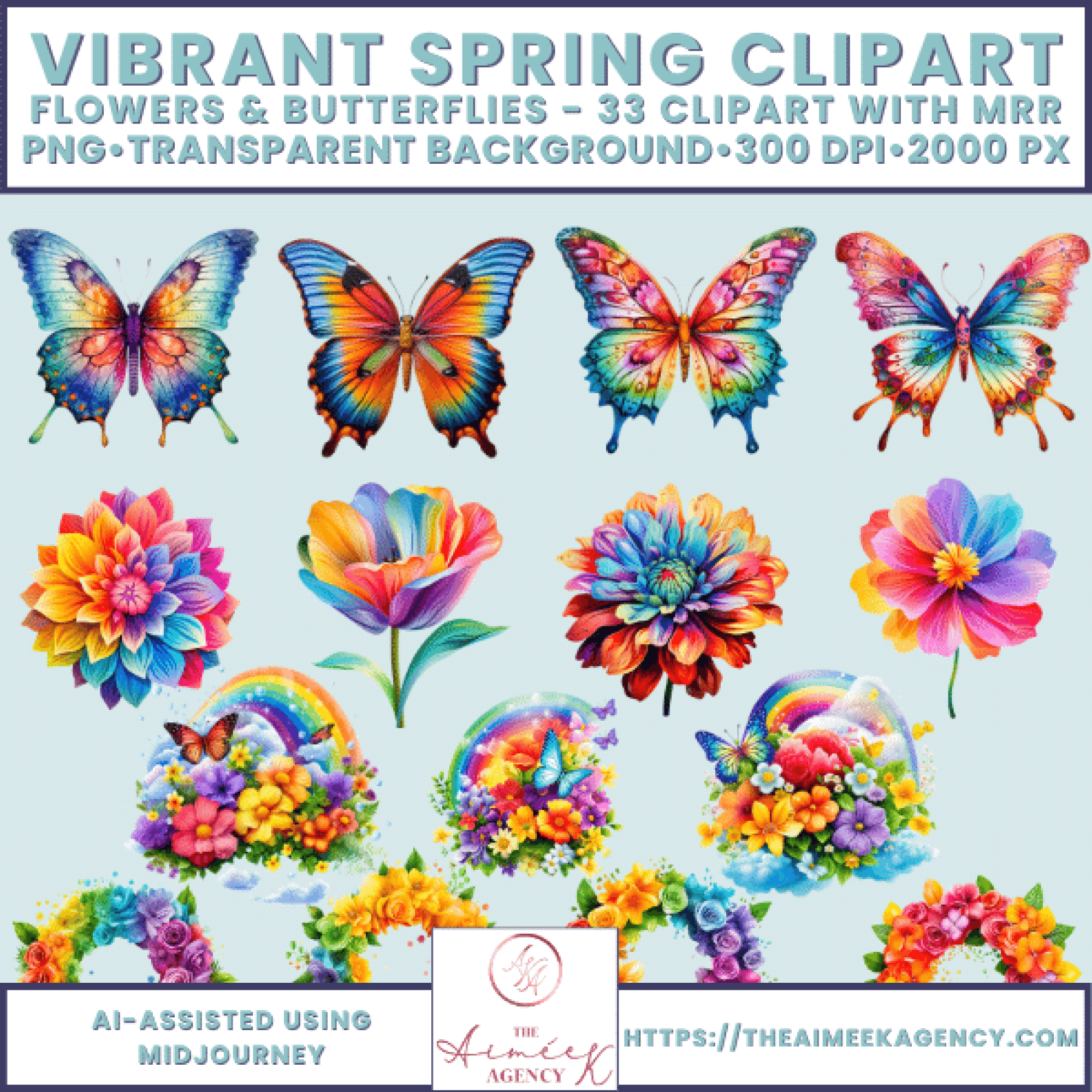 Vibrant spring clipart with butterflies and flowers.