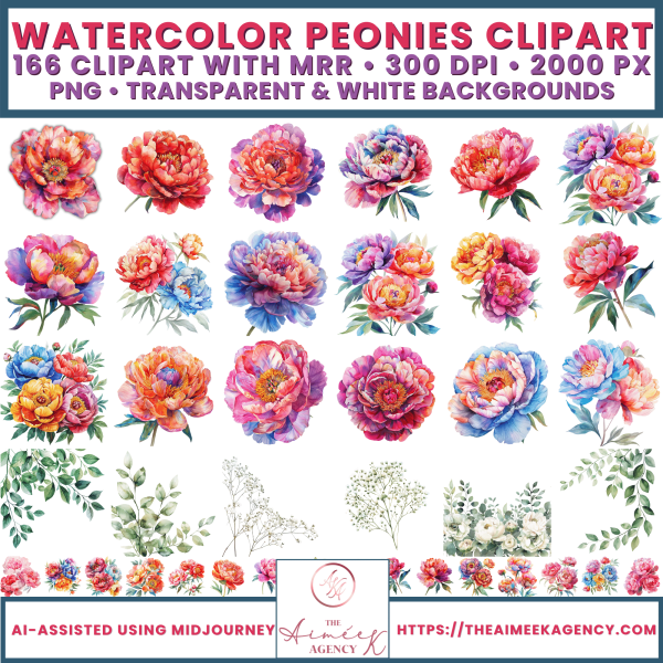 Watercolor Peonies 166 Clipart Mega Pack Listing Image 2000 x 2000