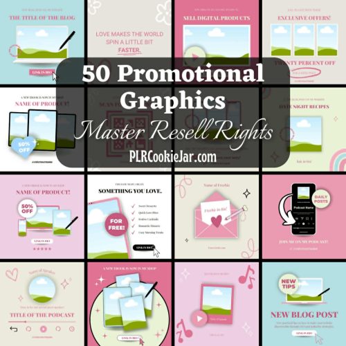 A collage of 16 promotional graphic templates with pastel backgrounds, featuring text about digital products, offers, and blog posts. Center text reads, "50 Promotional Graphics, Master Resell Rights.